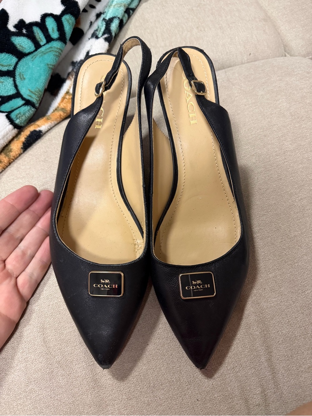 Coach Black Leather Pointed Slingback Mules with Gold Logo Plaques